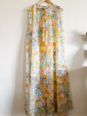 Vintage 60s Sheer Cape Floral Coverup in Pastel Blue, Peach & Yellow